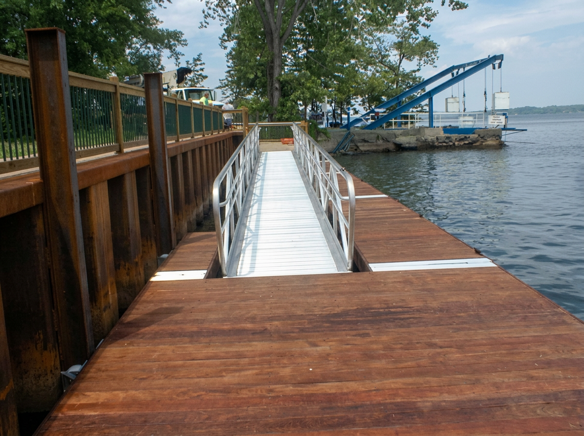 TechniDock commercial aluminum floating wood dock with gangway at Ticonderoga waterfront