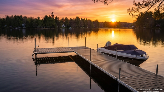 TechniDock residential aluminum dock at golden hour sunset on calm lake