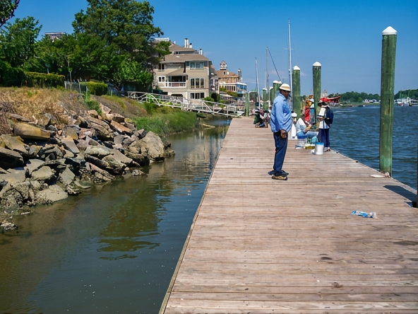 TechniDock steel truss frame floating fishing pier at Lewes waterfront