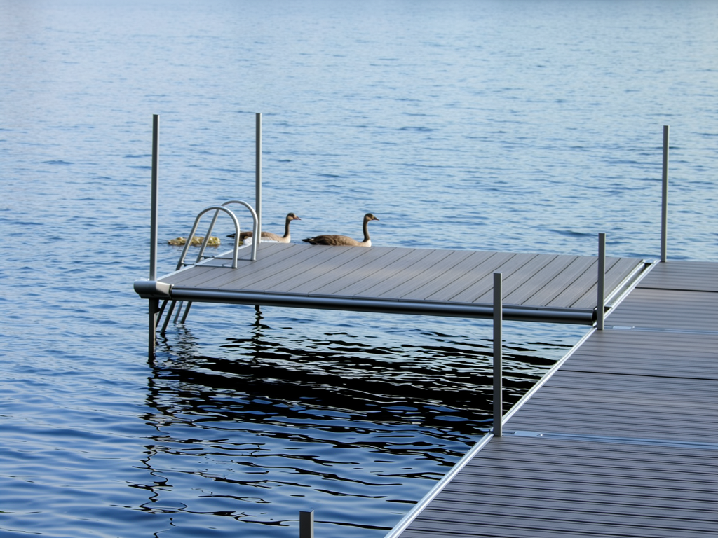 TechniDock floating dock with Canada geese on calm lake